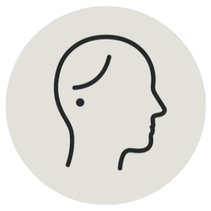 Black line drawing of a head and profile